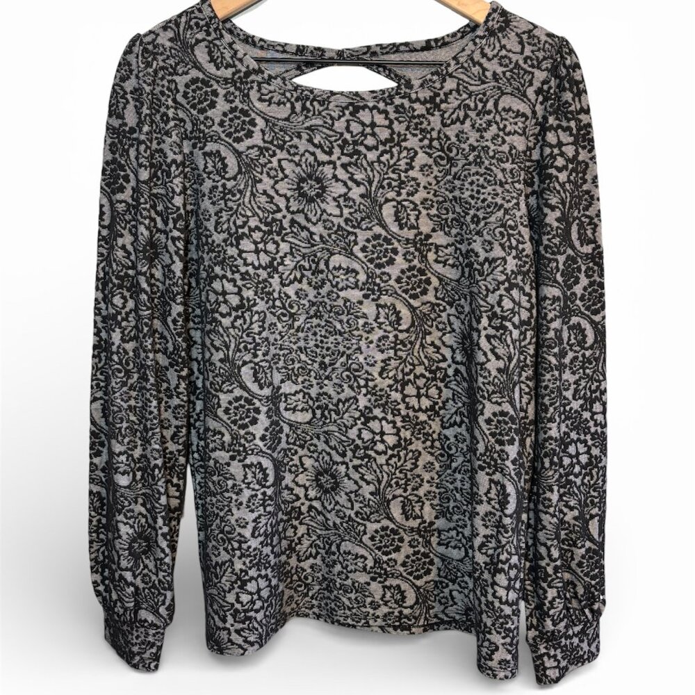 LOFT Black Gray Floral Long Sleeve Blouse • NWT • Women’s Medium